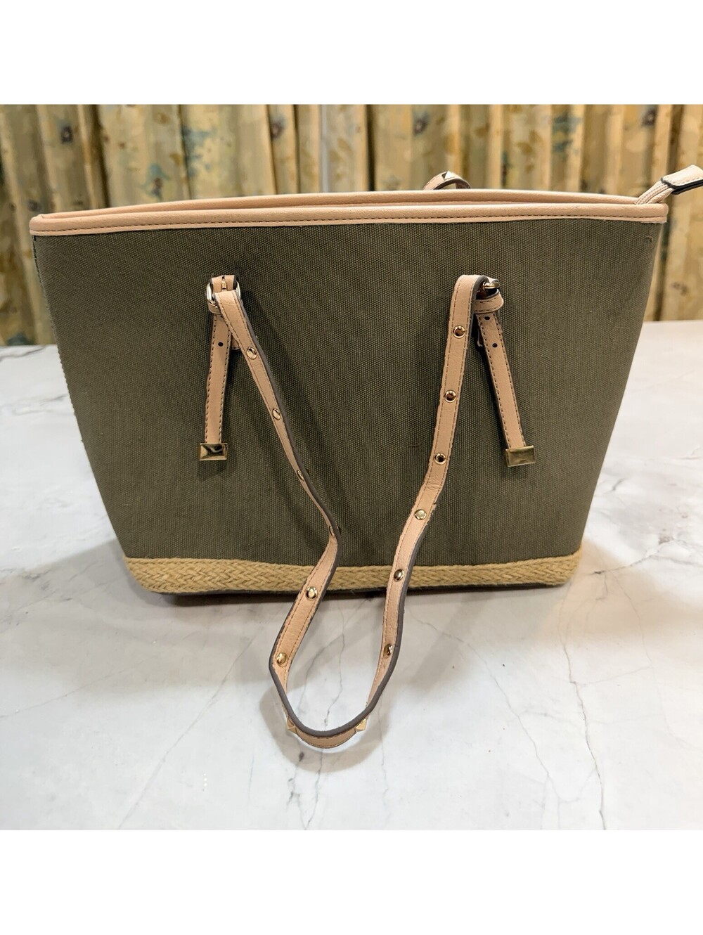 Aldo Olive Green Canvas Tote Bag Tan Leather Trim Studded Straps Jute Rope
